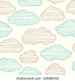 Abstract seamless gentle pattern with clouds. Colorful stylized hand drawn cloudy sky texture on light background