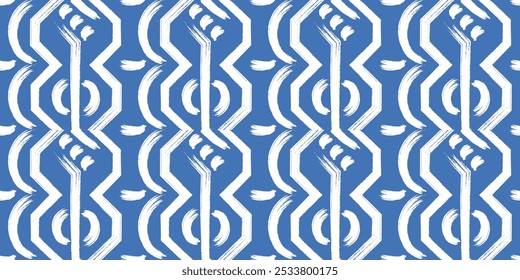 Abstrato plano de fundo geométrico sem costura com traçados de pincel em branco e azul. Ilustração minimalista do vetor de estoque de meados do século.
