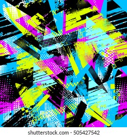 Abstract seamless geometric background with cracked texture, dots, 
drops and splashes.Grunge pattern for boys, girls, sport, fashion. Urban colorful wallpaper for guys. Silhouette repeated backdrop