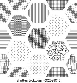 Abstract seamless geometric background from hexagons with linear and floral textures