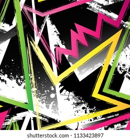 Abstract seamless geometric background with squares, triangles, scuffed, drops, sprays, and ink droplets. Grunge, neon texture pattern. Urban colorful backdrop.