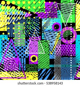 Abstract seamless geometric background with squares, star, triangles, scuffed, drops, sprays, and ink droplets. Grunge, neon texture pattern. Wallpaper for boys and girls. Urban colorful backdrop.