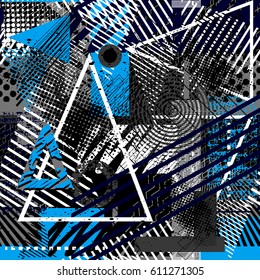 Abstract seamless geometric background with squares, star, triangles, scuffed, drops, sprays, and ink droplets. Grunge, neon texture pattern. Wallpaper for boys and girls. Urban colorful backdrop.