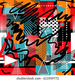 Abstract seamless geometric background with squares, star, triangles, scuffed, drops, sprays, and ink droplets. Grunge, neon texture pattern. Wallpaper for boys and girls. Urban colorful backdrop.