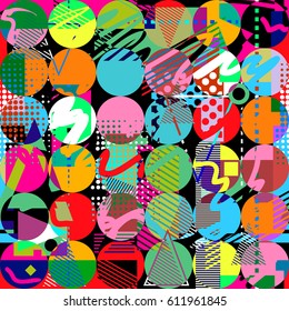 Abstract seamless geometric background with squares, star, triangles, scuffed, drops, sprays, and ink droplets. Grunge, neon texture pattern. Wallpaper for boys and girls. Urban colorful backdrop.