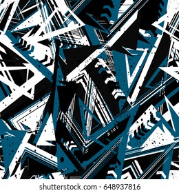 Abstract seamless geometric background with squares, star, triangles, scuffed, drops, sprays, and ink droplets. Grunge, neon texture pattern. Wallpaper for boys and girls. Urban colorful backdrop.