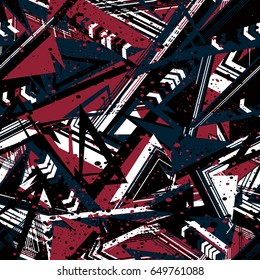 Abstract seamless geometric background with squares, star, triangles, scuffed, drops, sprays, and ink droplets. Grunge, neon texture pattern. Wallpaper for boys and girls. Urban colorful backdrop.