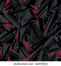 Abstract seamless geometric background with squares, star, triangles, scuffed, drops, sprays, and ink droplets. Grunge, neon texture pattern. Wallpaper for boys and girls. Urban colorful backdrop.