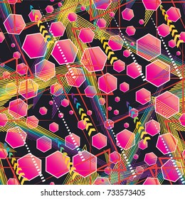 Resumen de fondo geométrico sin fisuras con cuadrados, estrellas, triángulos, escaramuzas, gotas, sprays y gotitas de tinta. Grunge, patrón de textura de neón. Papel de escritorio para niños y niñas. Fondo urbano colorido.