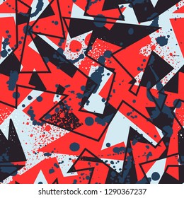 Abstract seamless geometric background with traingle cracked texture, dots, drops and splashes. Grunge pattern for boys, girls, sport, fashion. Urban colorful wallpaper. Silhouette repeated backdrop