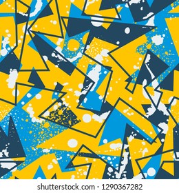 Abstract seamless geometric background with traingle cracked texture, dots, drops and splashes. Grunge pattern for boys, girls, sport, fashion. Urban colorful wallpaper. Silhouette repeated backdrop