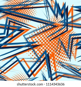 Abstract seamless geometric background with triangles cracked texture, dots, drops and splashes.Grunge pattern for boys, girls, sport, fashion. Urban colorful wallpaper.