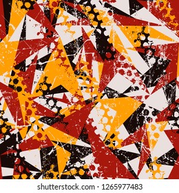 Abstract seamless geometric background with triangles cracked texture, dots, drops and splashes. Grunge pattern for boys, girls, sport, fashion. Urban colorful wallpaper.