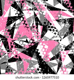 Abstract seamless geometric background with triangles cracked texture, dots, drops and splashes. Grunge pattern for boys, girls, sport, fashion. Urban colorful wallpaper.