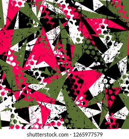 Abstract seamless geometric background with triangles cracked texture, dots, drops and splashes. Grunge pattern for boys, girls, sport, fashion. Urban colorful wallpaper.