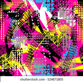 Abstract seamless geometric background with triangles cracked texture, dots, 
drops and splashes.Grunge pattern for boys, girls, sport, fashion. Urban colorful wallpaper. Silhouette repeated backdrop