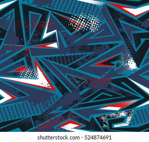 Abstract seamless geometric background with triangles cracked texture, dots, 
drops, splashes, spray paint, ink.Grunge pattern for boys, sport clothes, urban colorful wallpaper. repeated backdrop