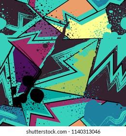 Abstract seamless geometric background with tringles cracked texture, dots, drops and splashes.Grunge pattern for boys, girls, sport, fashion. Urban colorful wallpaper. Silhouette repeated backdrop
