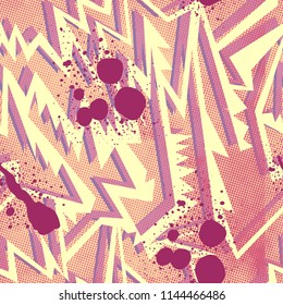 Abstract seamless geometric background with tringles cracked texture, dots, drops and splashes.Grunge pattern for boys, girls, sport, fashion. Urban colorful wallpaper. Silhouette repeated backdrop