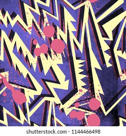 Abstract seamless geometric background with tringles cracked texture, dots, drops and splashes.Grunge pattern for boys, girls, sport, fashion. Urban colorful wallpaper. Silhouette repeated backdrop