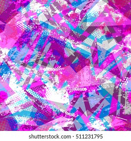 Abstract seamless geometric background with tringles cracked texture, dots, drops and splashes.Grunge pattern for boys, girls, sport, fashion. Urban colorful wallpaper. 
