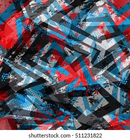 Abstract seamless geometric background with tringles cracked texture, dots, drops and splashes.Grunge pattern for boys, girls, sport, fashion. Urban colorful wallpaper. 