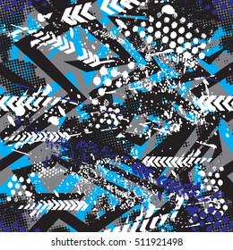 Abstract seamless geometric background with tringles cracked texture, dots, drops and splashes.Grunge pattern for boys, girls, sport, fashion. Urban colorful wallpaper. 