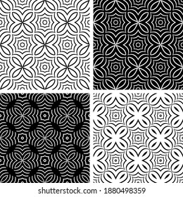 Abstract seamless geometric black and white patterns set. Vector art.