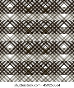 Abstract seamless geometric black and white pattern. Small lattice of intersecting lines with translucent horizontal wide stripes. Vector illustration for fabric, paper and other