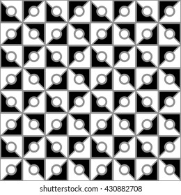 Abstract seamless geometric black-and-white pattern background. Squares are composed of triangles, a circle in the middle. Vector 10 EPS illustration.
