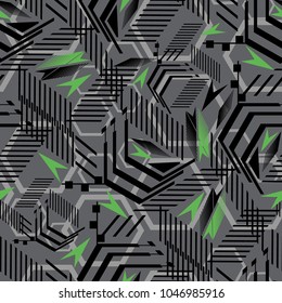 Abstract seamless geometric chaotic pattern with scuffed, drops, sprays, and ink droplets. Vertical fading lines, tracks, halftone stripes. Extreme sport style illustration. Grunge, texture for textile