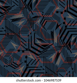 Abstract seamless geometric chaotic pattern with scuffed, drops, sprays, and ink droplets. Vertical fading lines, tracks, halftone stripes. Extreme sport style illustration. Grunge, texture for textile