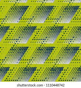 Abstract seamless geometric chaotic pattern with scuffed, drops, sprays, and ink droplets. Vertical fading lines, tracks, halftone stripes. Extreme sport style illustration. Grunge, texture for textil