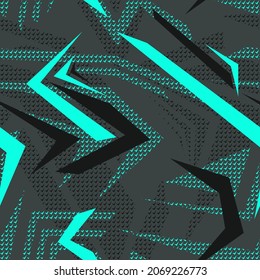 Abstraktes, nahtloses geometrisches chaotisches Muster mit Schellen, Tropfen, Spritzen. Hintergrund für Vinylfolie und Decal. farbige urbane Wiederholunghintergrund für Textilien, Sportbekleidung, blauer Druck				