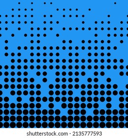 Abstract seamless geometric circle pattern. Mosaic background of black circles. Evenly spaced shapes of different sizes. Vector illustration on blue background