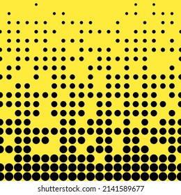Abstract seamless geometric circle pattern. Mosaic background of black circles. Evenly spaced shapes of different sizes. Vector illustration on yellow background