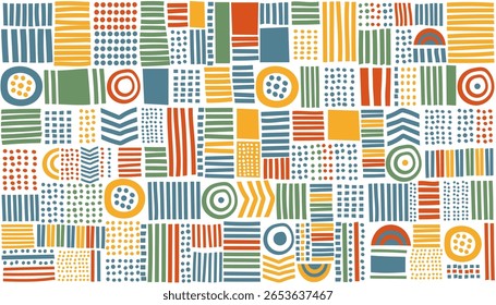 Abstrato padrão colorido geométrico sem costura. Origem africana. Banner desenhado à mão plana e vetorial.