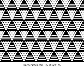 Padrão de diamantes e triângulos geométricos sem costura. Textura em preto e branco. Arte vetorial.