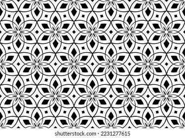 Abstract Seamless Geometric Floral Pattern. Black and White Texture. Vector Art.