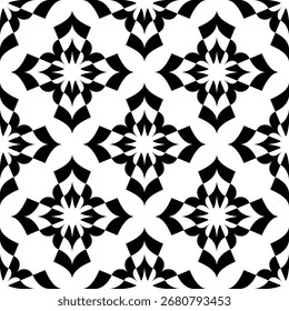 Abstract Seamless Geometric Floral Pattern. Black and Whiter Texture. Vector Art.