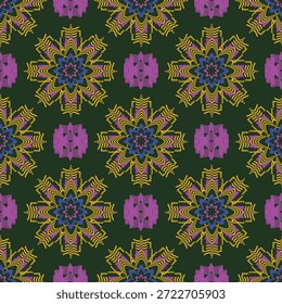 Abstractas patrón floral geométrico sin fisuras con simetría de caleidoscopio en tonos púrpura, amarillo, azul y verde. Adecuado para textiles, Fondo de pantalla, papel de embalaje, fondos digitales, marca y diseño decorativo moderno.