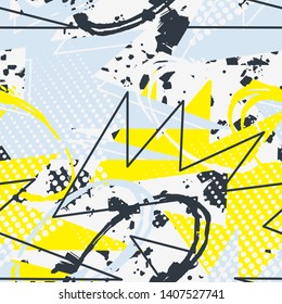 Abstract seamless geometric grunge background with squares, triangles, scuffed, drops, sprays, and ink droplets. Wallpaper for boys and girls. Urban colorful backdrop.