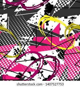 Abstract seamless geometric grunge background with squares, triangles, scuffed, drops, sprays, and ink droplets. Wallpaper for boys and girls. Urban colorful backdrop.