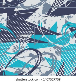 Abstract seamless geometric grunge background with squares, triangles, scuffed, drops, sprays, and ink droplets. Wallpaper for boys and girls. Urban colorful backdrop.