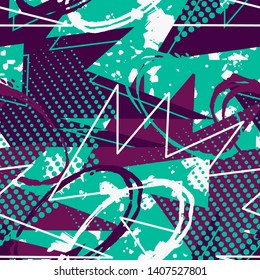 Abstract seamless geometric grunge background with squares, triangles, scuffed, drops, sprays, and ink droplets. Wallpaper for boys and girls. Urban colorful backdrop.
