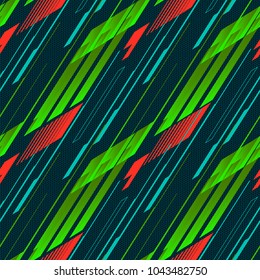 Abstraktes, nahtloses geometrisches haotisches Muster mit Tüpfelchen, Tropfen, Sprays und Tintenpatronen. Vertikale Abblendlinien, Gleise, Halbtonstreifen.  Extreme Sport-Stil-Illustration. Grunge, Textil