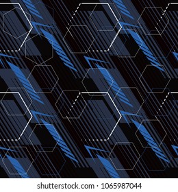 Abstract seamless geometric haotic pattern with scuffed, drops, sprays, and ink droplets. Vertical fading lines, tracks, halftone stripes. Extreme sport style illustration. Grunge, texture for textil.