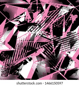 Abstract seamless geometric haotic pattern with scuffed, drops, sprays.  Pink background for vinyl wrap and decal. Grunge urban repeated backdrop for textile, sport wear, print.