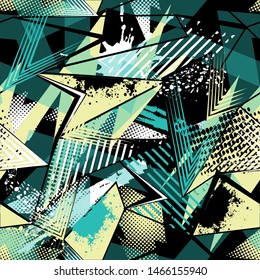 Abstract seamless geometric haotic pattern with scuffed, drops, sprays.  background for vinyl wrap and decal. Grunge urban repeated backdrop for textile, sport wear, print.