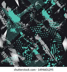 Abstract seamless geometric haotic pattern with scuffed, drops, sprays.  background for vinyl wrap and decal. Grunge urban repeated backdrop for textile, sport wear, print.